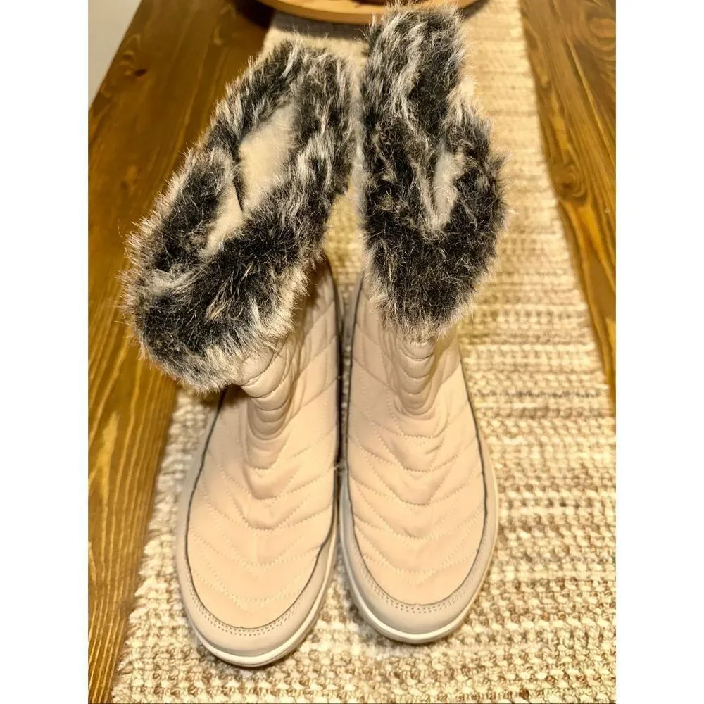 Ryka Water Repellent Faux Fur Quilted Winter Boots Shiver Beige Womens Size 9 NW